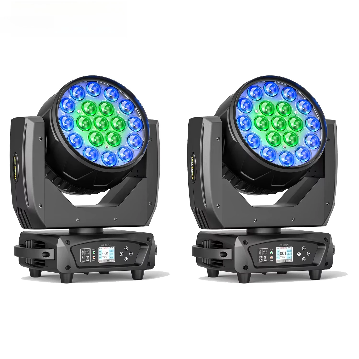 2 Projecteurs LED Mobiles 19x15W RGBW avec Zoom, Wash et Beam DMX512 pour DJ, Discothèque, Fête, Théâtre, Scène - Certifiés CE