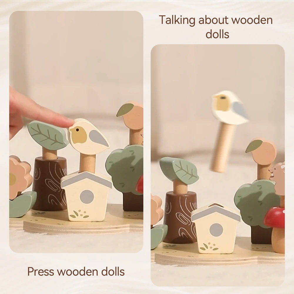 Wooden Montessori Press Bounce Toy Baby Finger Fine Sensory Movement Baby Shape Educational Game Cartoon Forest Decorations Gift