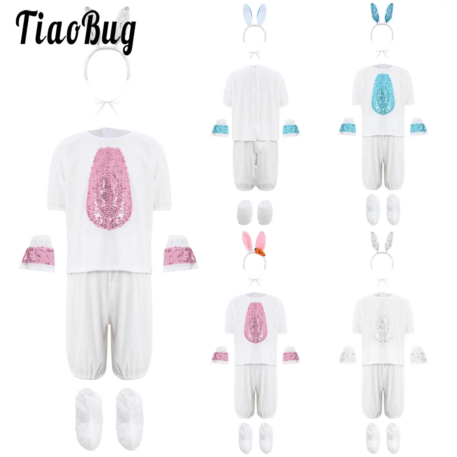 

Kids Boys Girls Rabbit Animal Performance Costume Outfit Sequins Short Sleeve Top with Shorts Bunny Ear Hair Hoop Gloves Set