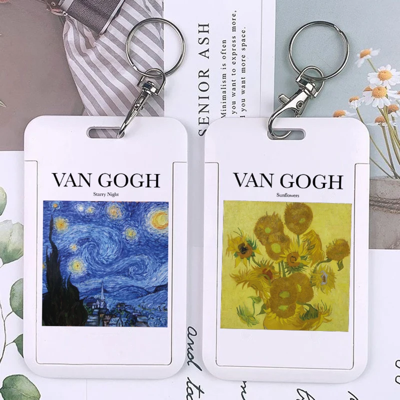 Vincent Van Gogh Art Keychain Card Holder The Starry Night Sunflower Keychains Holders Bank Bus ID Credit Cards Key Ring Chains