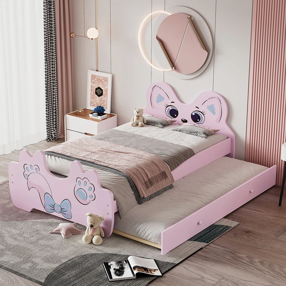 

Bunk Bed for Children Cartoon Twin Size Platform Bed with Trundle Pink Children's Bed