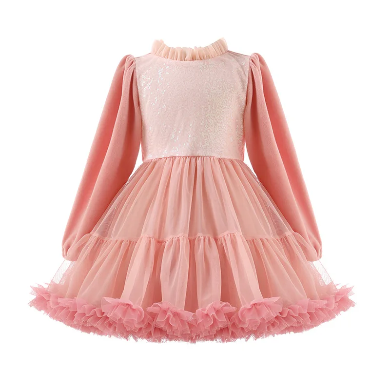 Autumn New Girls Sequins Mesh Dress Sweet Long-sleeved Fluffy Princess Dress Flower Girl Dresses for Weddings Girl Clothes