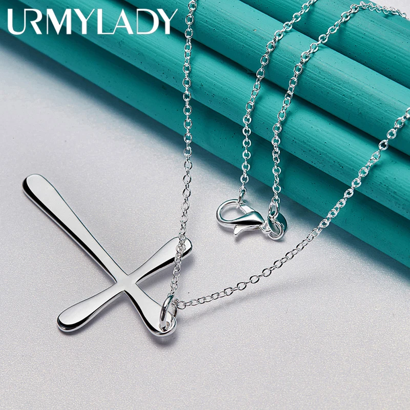 URMYLADY 925 Sterling Silver Flat Cross 16/18/20/22/24/26/28/30 Inch Pendant Necklace For Women Wedding Fashion Jewelry