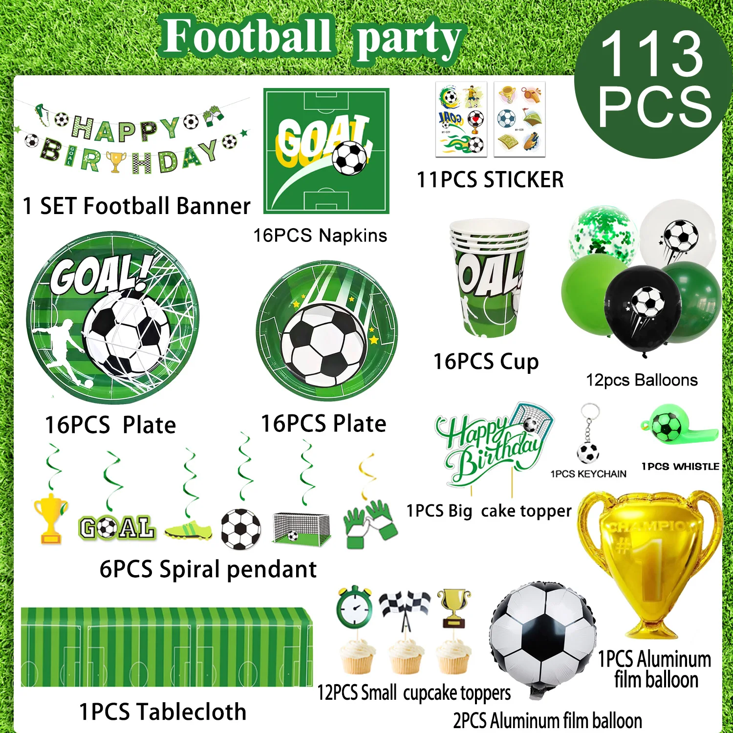 Soccer Party Decorations,113pcs Party Decorations&Tableware Set-Soccer Birthday Banner Balloons Whistle Keychain Plates etc