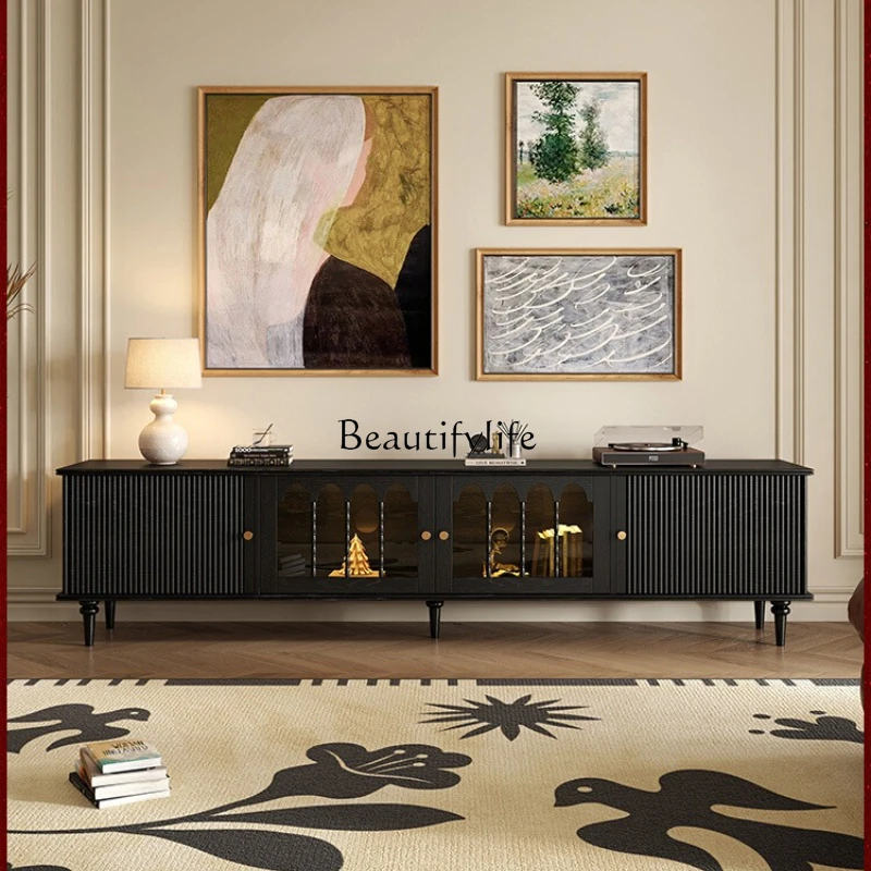 

French retro solid wood TV cabinet living room 2025 new black walnut light luxury high sense medium antique high cabinet