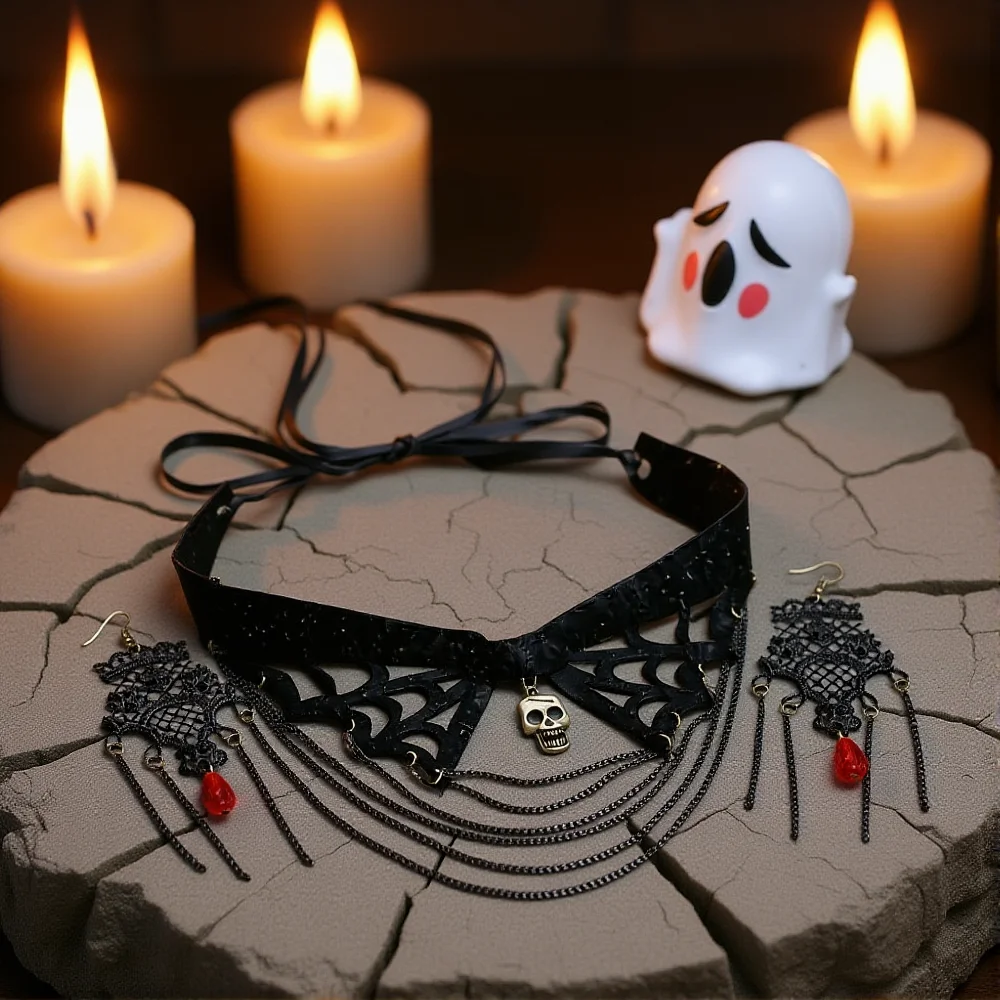 Lace Choker Necklace Thoughtful Gothic Jewelry Set Skull Rose Jewelry Set Black Halloween Skull Necklace For Costume Party