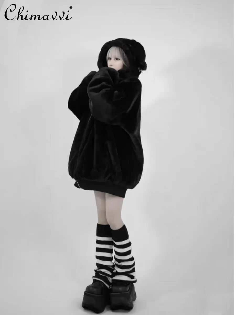 

Japanese Dark Punk Sub-Culture Fur Coat Autumn Winter Original Harajuku Mine Series Cute Ears Plush Furry Coats Jackets Women