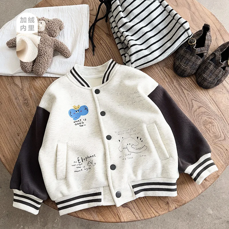 

Toddler Boy Baseball Jacket New Winter Elephant Printed Thick Warm Patchwork Kids Baby Boy Coat Striped Infant Boy Coat Outwear