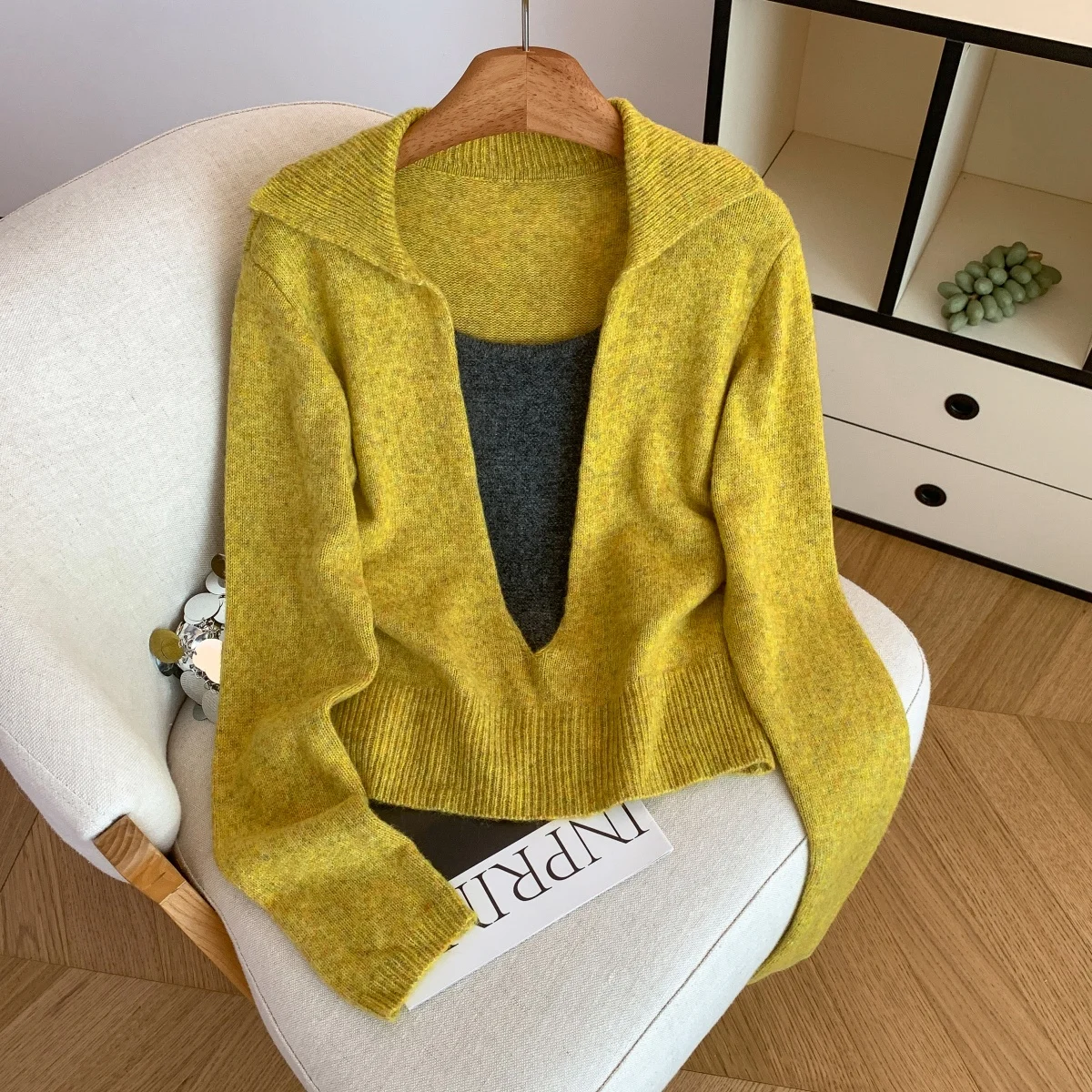 

Женский желтый пуловер, корейский свитер, винтажный джемпер Y2k 2000-х годов, трикотаж, свитер с длинными рукавами и v-образным вырезом, корейский стиль, весна-осень