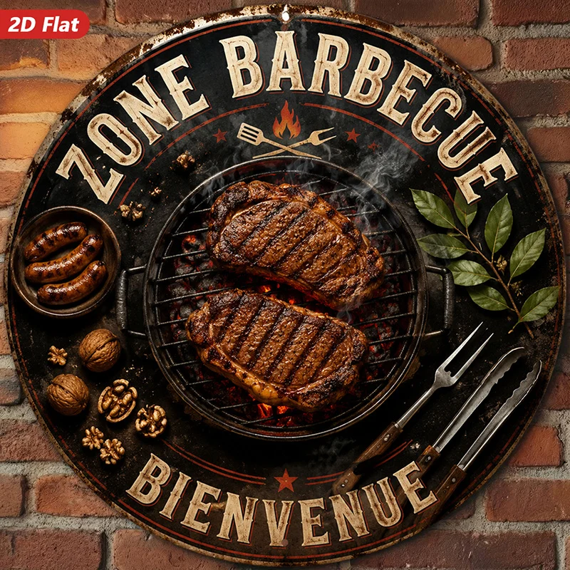 2D Flat, 1pc Barbecue Grill Round Metal Sign Wall Art, Home Decor, ZONE BARBECUE Welcome Text, Perfect for Corner Garden Studio,