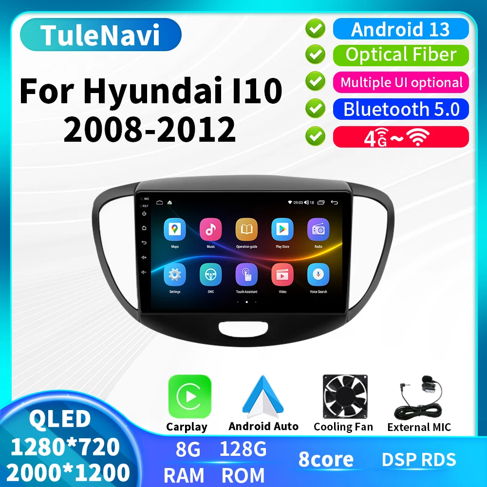 Android Auto Radio For Hyundai Grand i10 2008 2009 - 2012 DSP QLED 2000*1200 Car Multimedia Player Stereo Video GPS Navigation