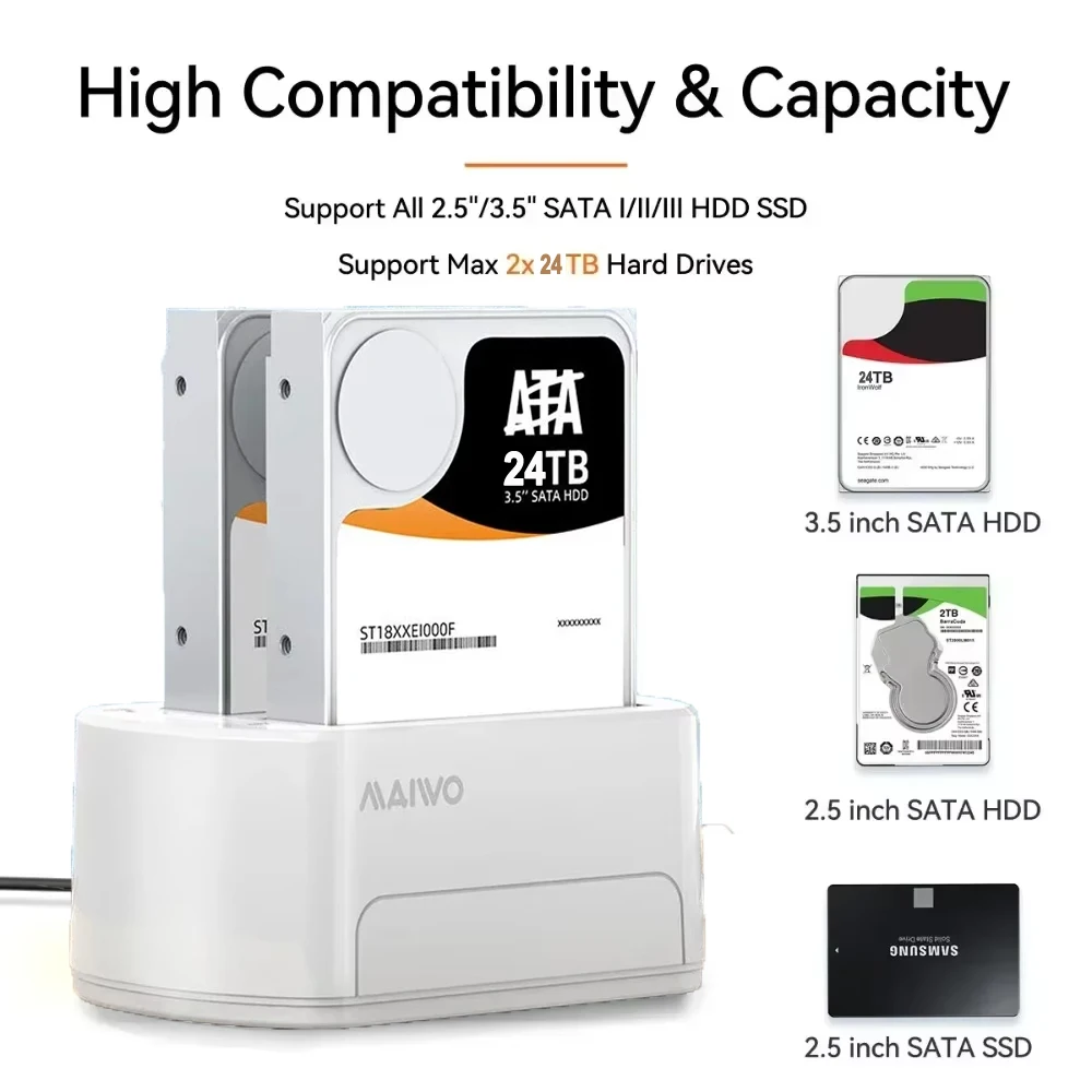 MAIWO Dual Bay stasiun Dok Hard Drive USB 3.0 SATA HDD duplikator untuk 2.5 & 3.5 inci SATA HDD/SSD mendukung klon Offline