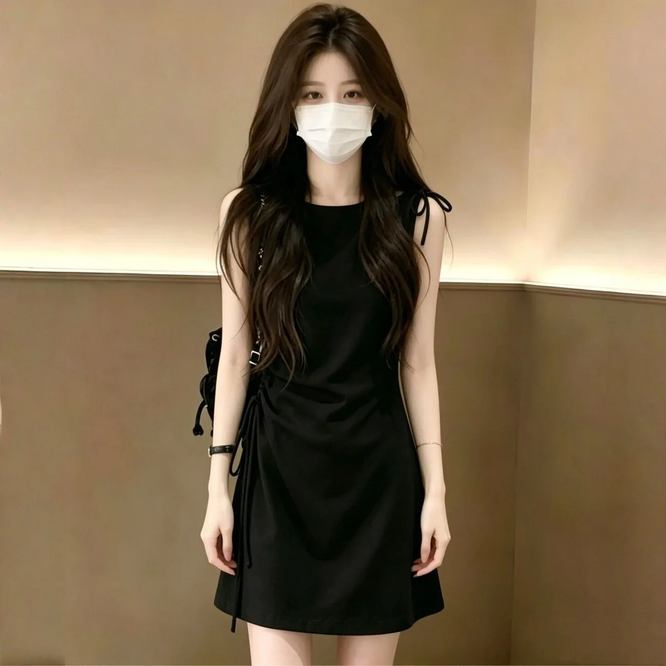 Summer New Design Women's Sleeveless Dress Drawstring Waist Slimming Black Cotton Velvet Fabric mid Waist Neutral Style