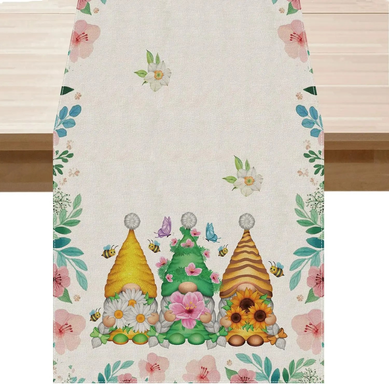 

Spring Watercolor Flowers Gnome Linen Table Runners Summer Seasonal Dresser Scarf Table Decor Wedding Party Dining Table Decor