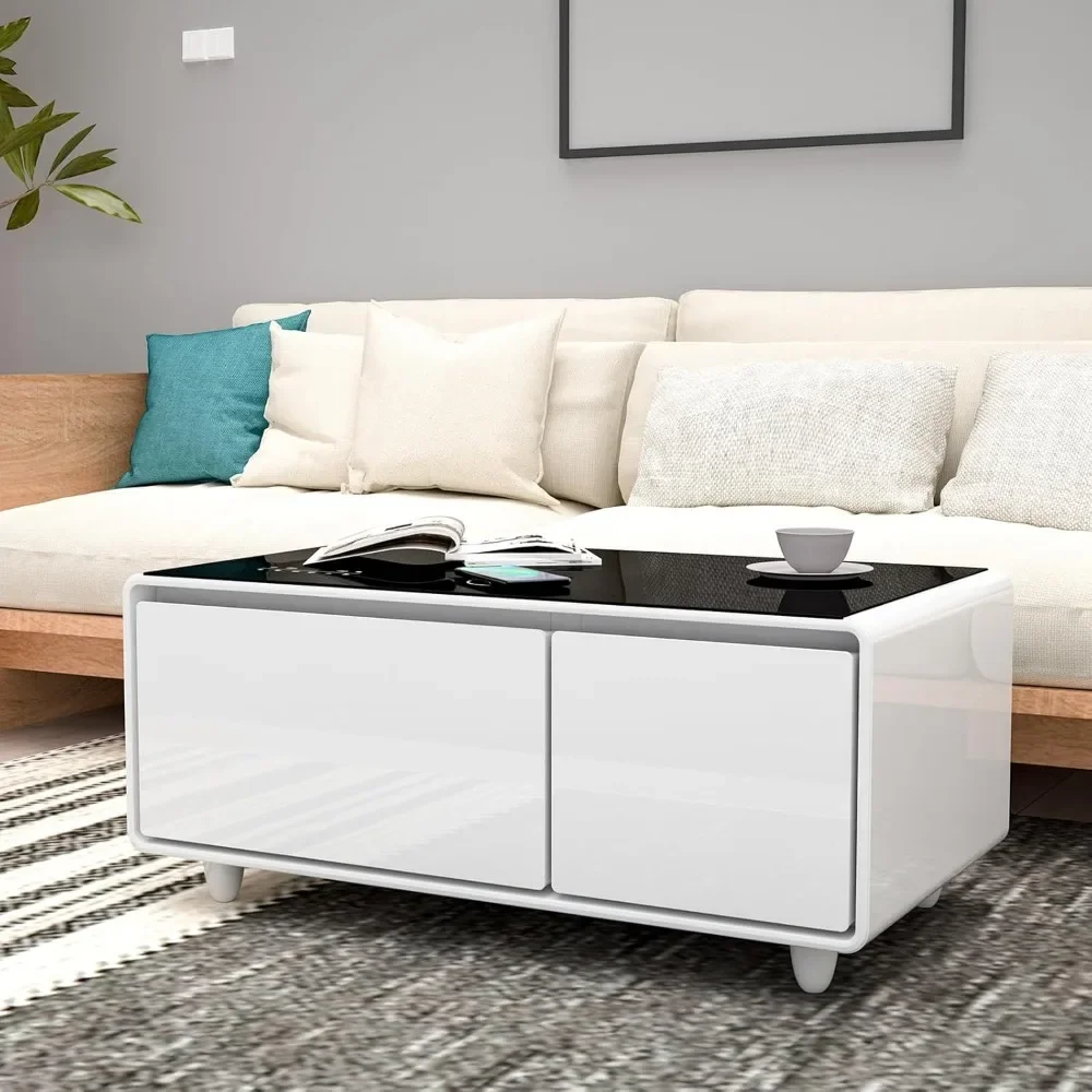 Mesa de centro inteligente con frigorífico y Bluetooth, mesa de frigorífico inteligente con altavoces duales, cargador inalámbrico de 15 W Blanco-LT90 Pro