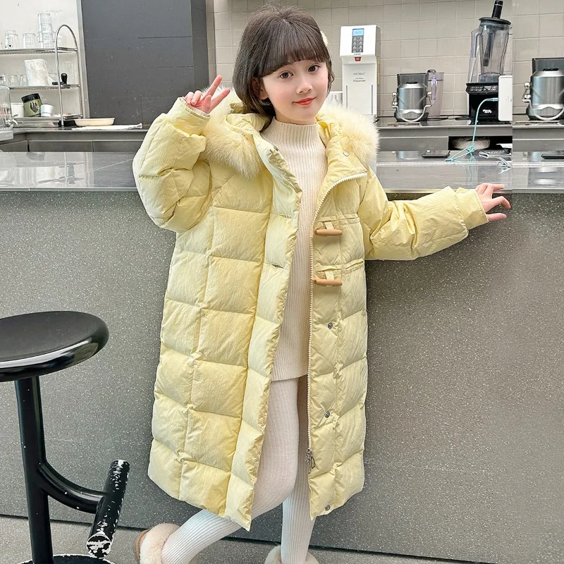 

Sweet Girl Big Fur Collar Long Plaid Fashion Down Cotton Clothes Winter Warm Cotton Clothes Jacket 2025 Children's Clothing