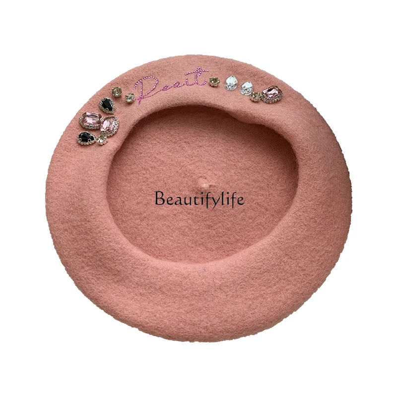 

Rhinestone Woolen Beret Women's Autumn and Winter Face-Looking Little Wild Hat