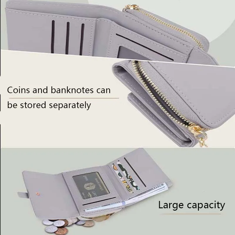 محفظة جديدة للنساء محفظة نسائية بخاصية تحديد الهوية بموجات الراديو محفظة مدمجة ثلاثية الطي من الجلد النباتي مع حامل بطاقة جيب للعملات المعدنية بسحاب