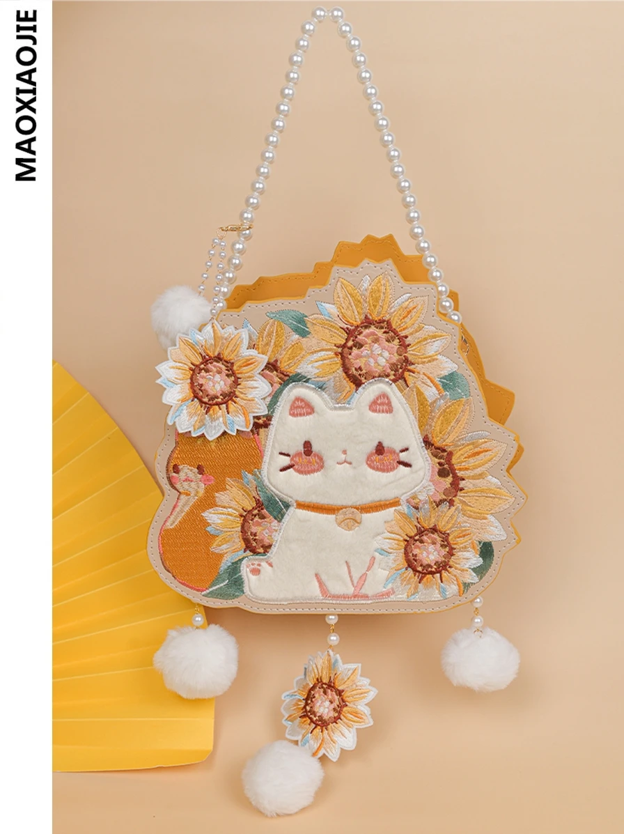 

New Hanfu Bag Female Student Cute Cartoon Lolita Cat Messenger Bags Original New Chinese Embroidery Mobile Phone Bags for Women