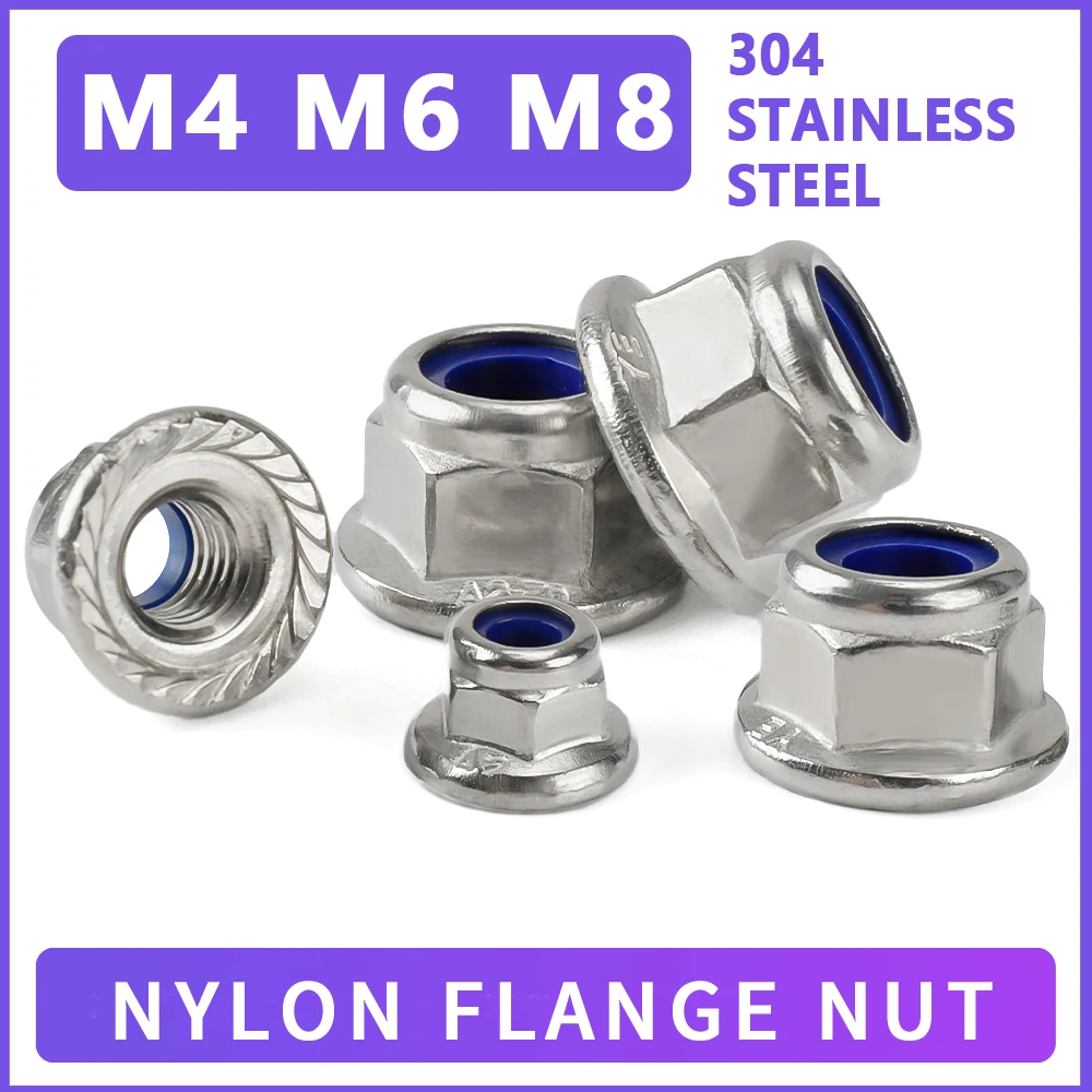 5-30pcs Hex Flange Nylon Insert Lock Nut M4 M6 M8 304 Stainless Steel Hexagon Flange Self-locking Nylock Locknuts Serrated Teeth