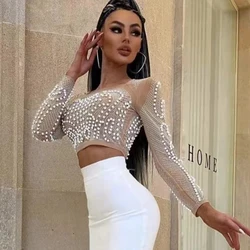 Women Fashion Tops 2022 New Beading Sexy Mesh Long Sleeve Clothes Party Club Spring Autumn Tops