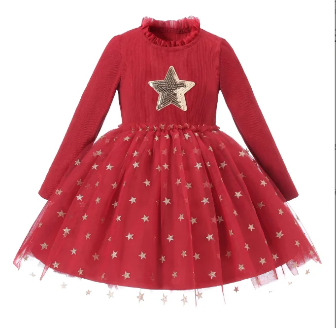 New Baby Girls Long Sleeve Star Mesh  Dress, Princess Kids Sweet Cute Dress 2-7 T