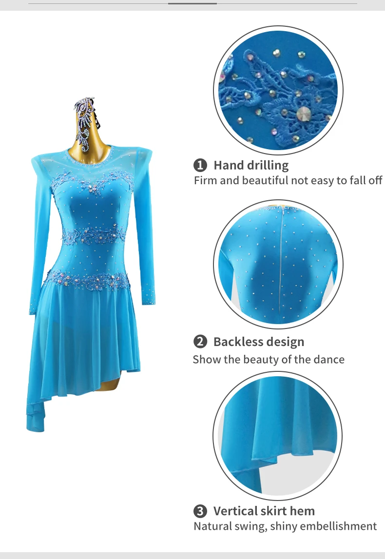 Lateinamerikanisches Tanzkostüm, passendes Kleid für Mädchen, Abendkleidung für Damen, Wettbewerbsanzug, Tanzkleidung für Bühnen- und Festivalaufführungen, Rock, Tanzkleidung für Ballsaal. – Detail 6