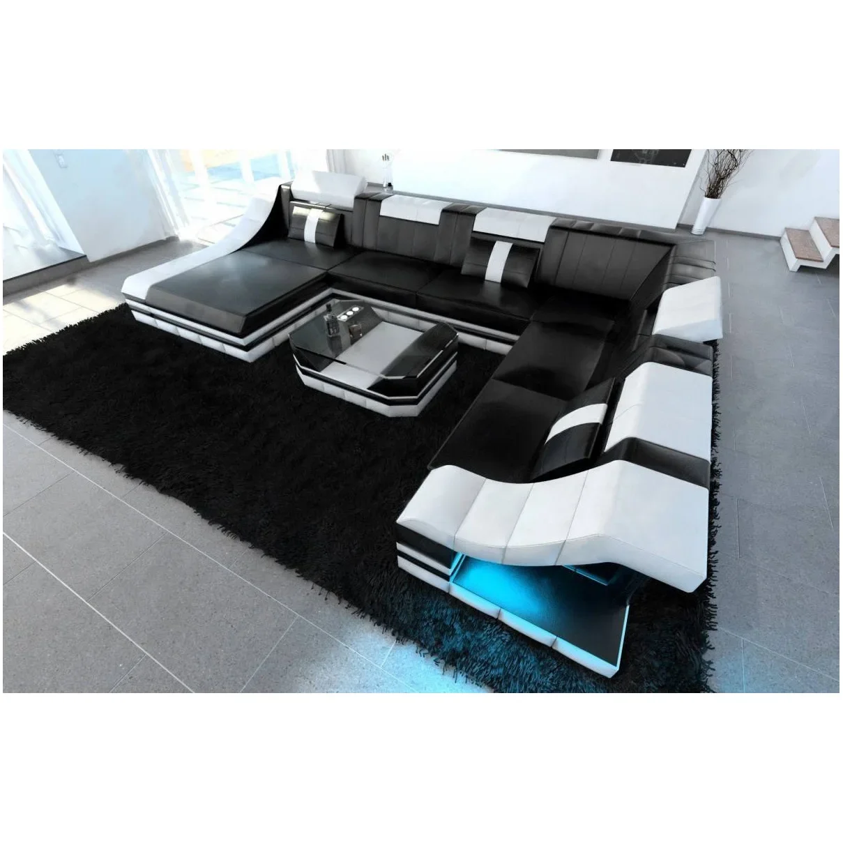 American minimalist leather sofa top layer cowhide living room chaise corner sofa multifunctional sofa combination with LED