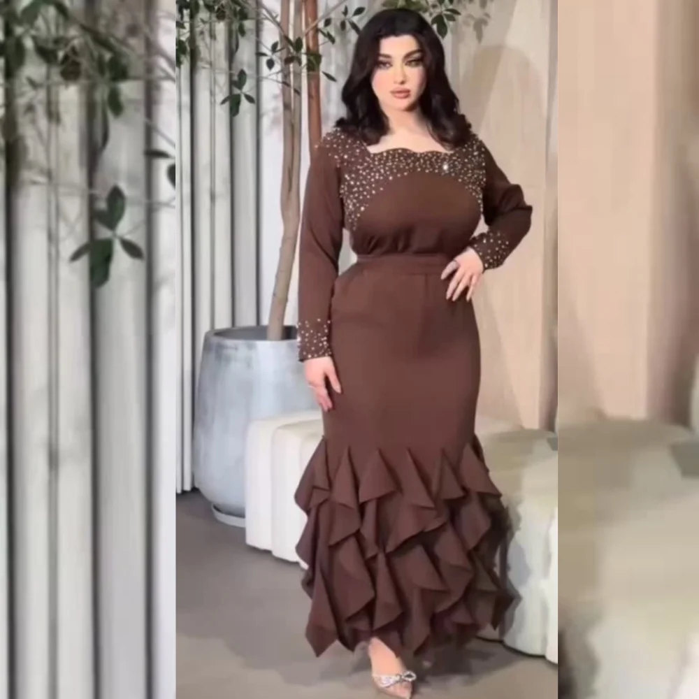 

Customized Elegant Jersey Sequined Pleat Straight Square Neck Midi Dresses Bespoke Occasion Modern Style