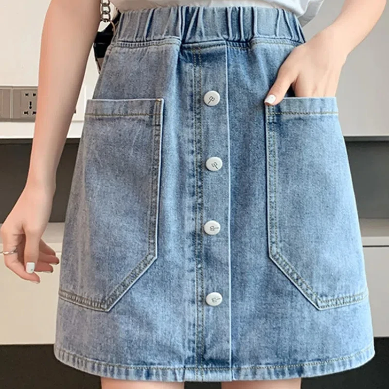 

Korean Fashion Summer Women's Elastic Waist Solid Color Pocket Button Simplicity Versatile Loose Casual Straight Cowboy Skirts