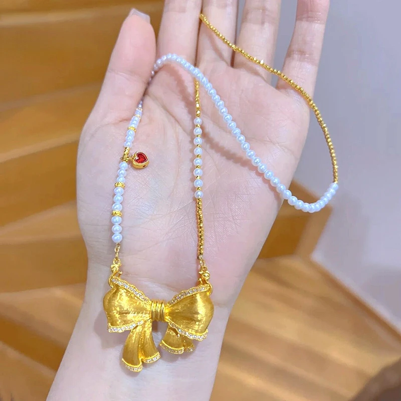 

Pure 18k Gold Color Princess Big Bow Necklace for Women Bride Female Sand Gold 999 Red Heart Princess Collar Chain Jewelry Gifts