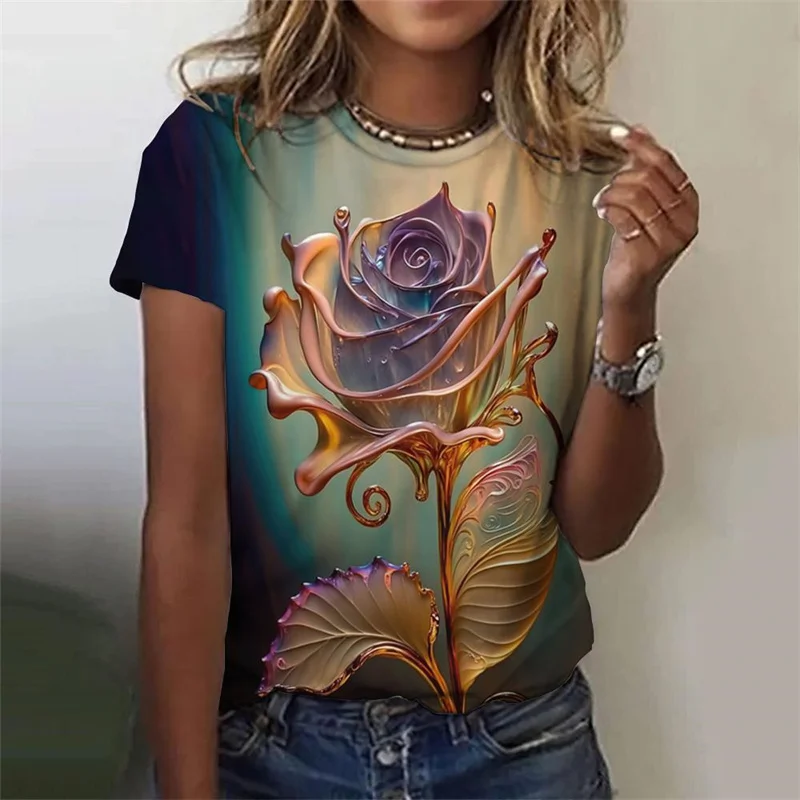 New Summer Vintage 3D Floral Roses Printing T Shirt Women Flowers Graphic T Shirts Girls Fashion Short Sleeves Tee Shirt Clothes