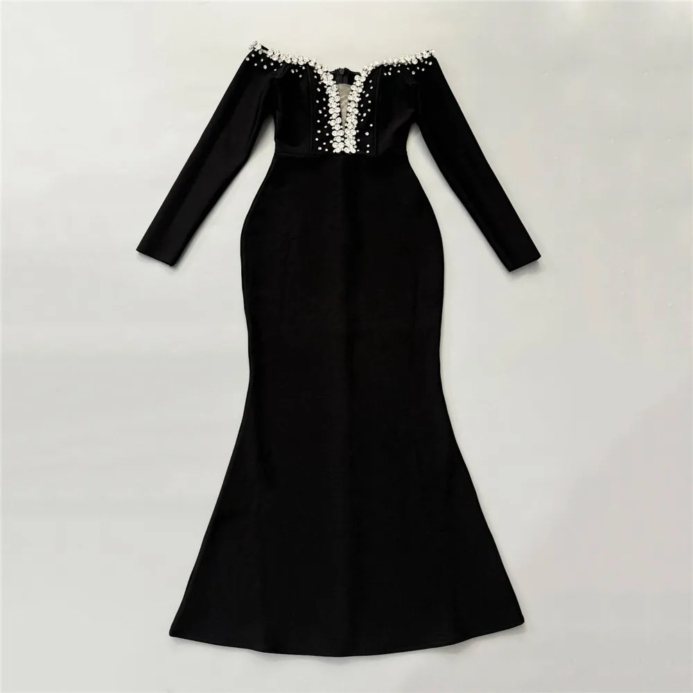 Women Elegant Beading Bandage Dress Sexy Off The Shoulder Long Sleeve Clothes Celebrity Party Trumpet Dresses