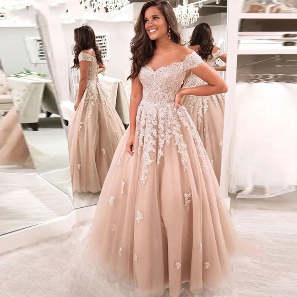 

Angelsbridep Appliques Floor Length Evening Dresses Long Champagne Off Shoulder A-Line Women Formal Party Gowns Robes De Bal