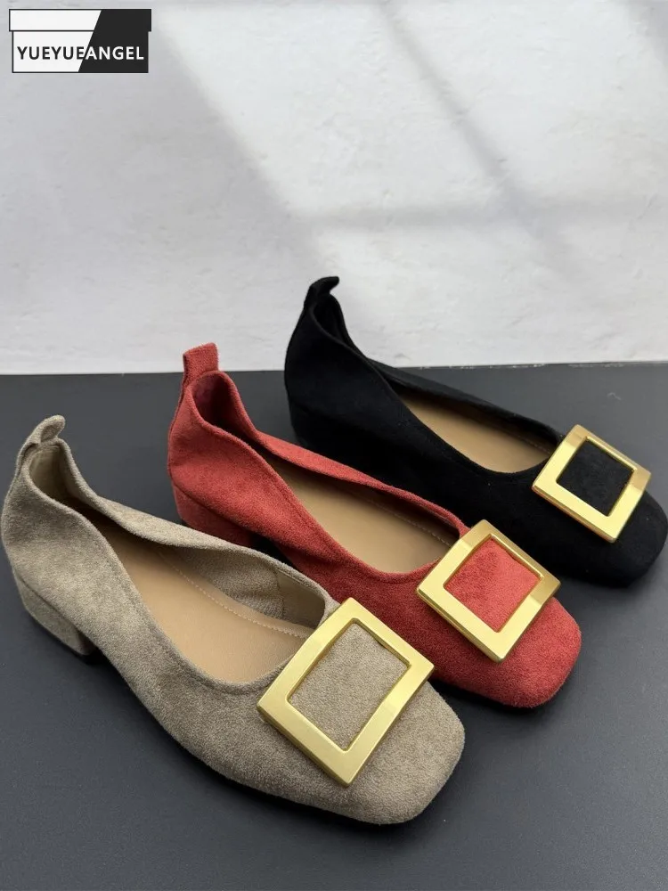 

Spring Women Genuine Leather Square Toe Solid Color Comfortable Low Heels Metal Buckle Cow Suede Casual Ladies Fashion Footwear