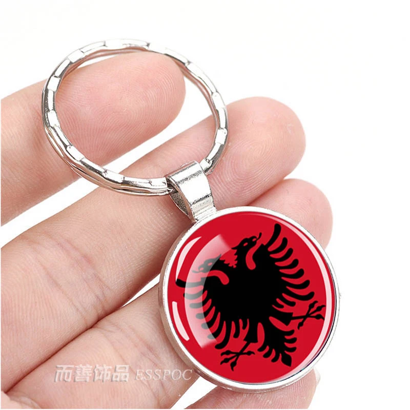 Esspoc Albania Flag Key Chain Fashion Glass Dome Keychains Keyrings Patriot Souvenir Gifts Albanian Flags Jewelry Accessory