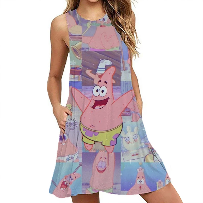 

Cute SpongeBob SquarePants dress 2024 new loose dress 3D cartoon sleeveless pullover dress fashionable casual comfortable dress