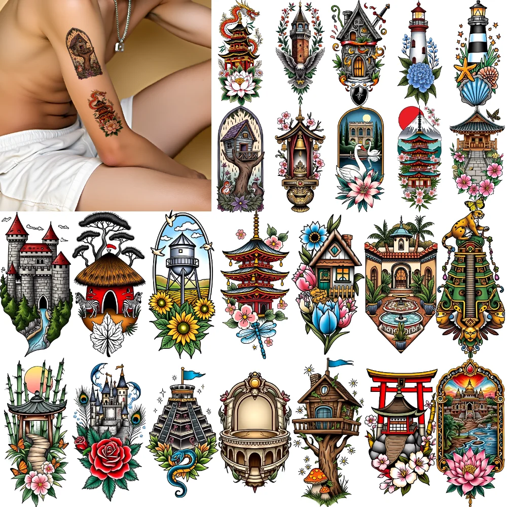 9pcs Temporary Tattoo Castle Waterproof Long-lasting Body Stickers Lotus Flower Pagoda Temporary Tattoo Stickers Ship For