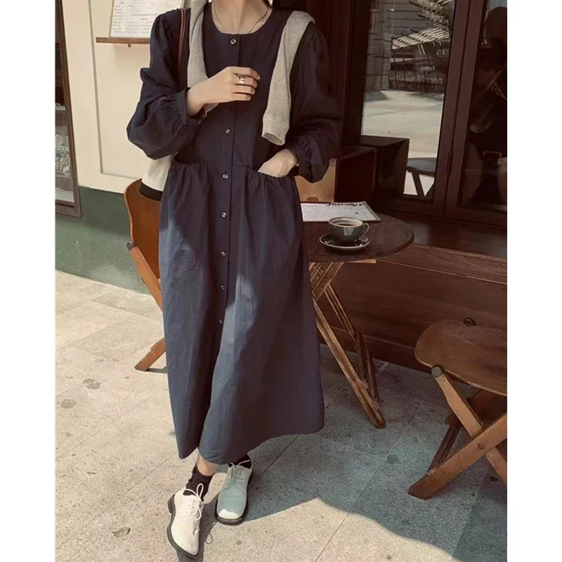 REALEFT Autumn Winter Single Breasted Women's Shirt Dresses 2025 New High Waist Long Sleeve Elegant Korean Dress Pockets Female
