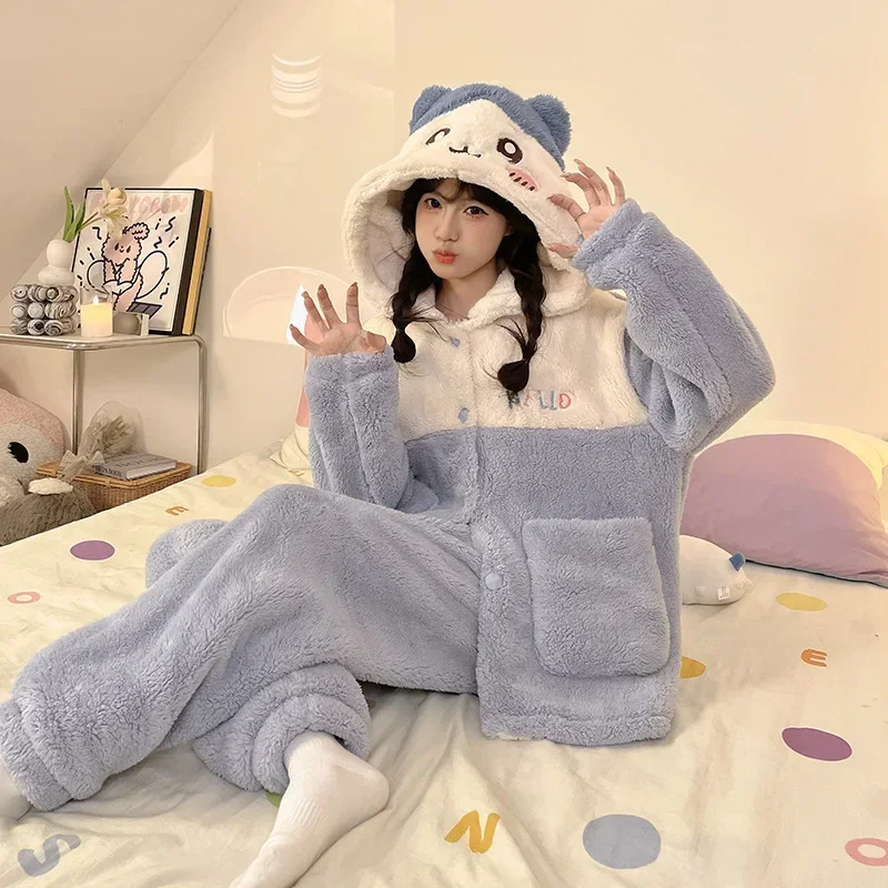 Chikawa Anime Kawaii New Coral Fleece Pajamas Pants Suit Womens Winter Thickened Hachiware Cartoon Cute Girls Home Clothes Giftd