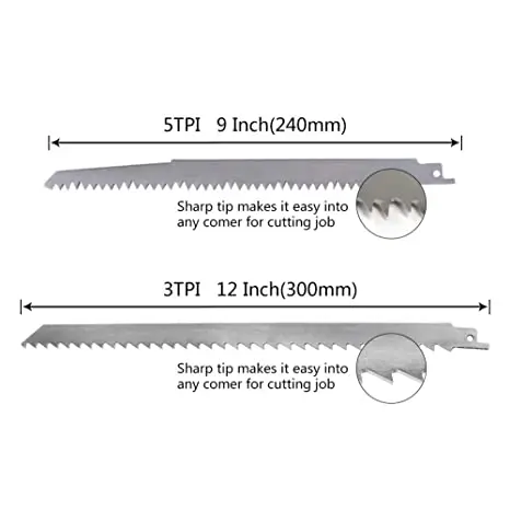5Pack Stainless Steel Saber Saw Blade Cutting Wood Meat Bone 2PCS 9 inch 5TPI and 3PCS 12 inch 3TPI Reciprocating Saw Blades