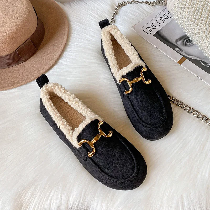 Women's Winter Plush Shoes Outdoor Flat Loafers Fur Snow Boots Fashion Metal Decoration Party and Work Wear Large Size 35-43