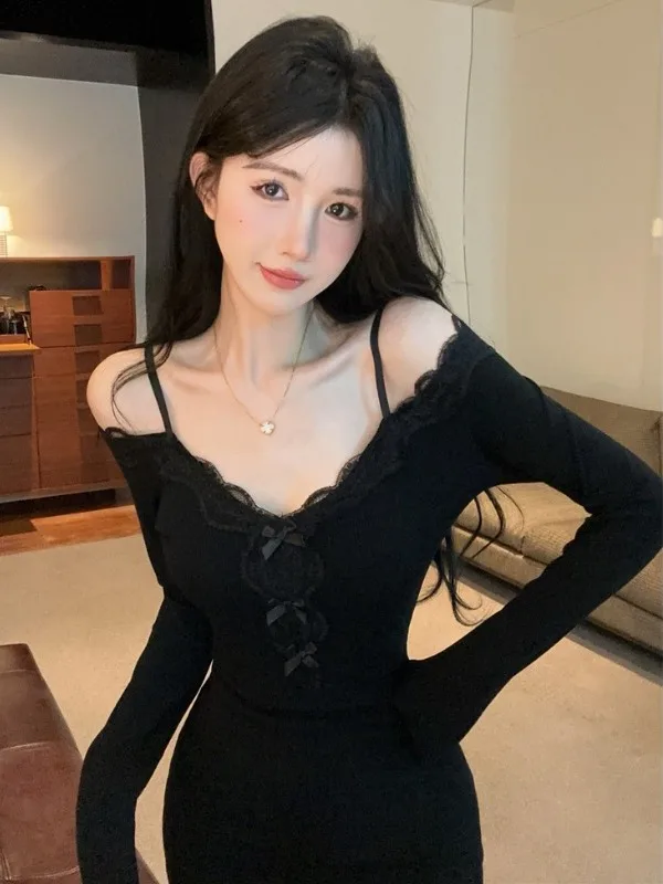 

Elegant Black Lace One-Shoulder Long Sleeve Dress Women's Sexy Bodycon Short Skirt Autumn Season Korean Style Slim Fit Commute