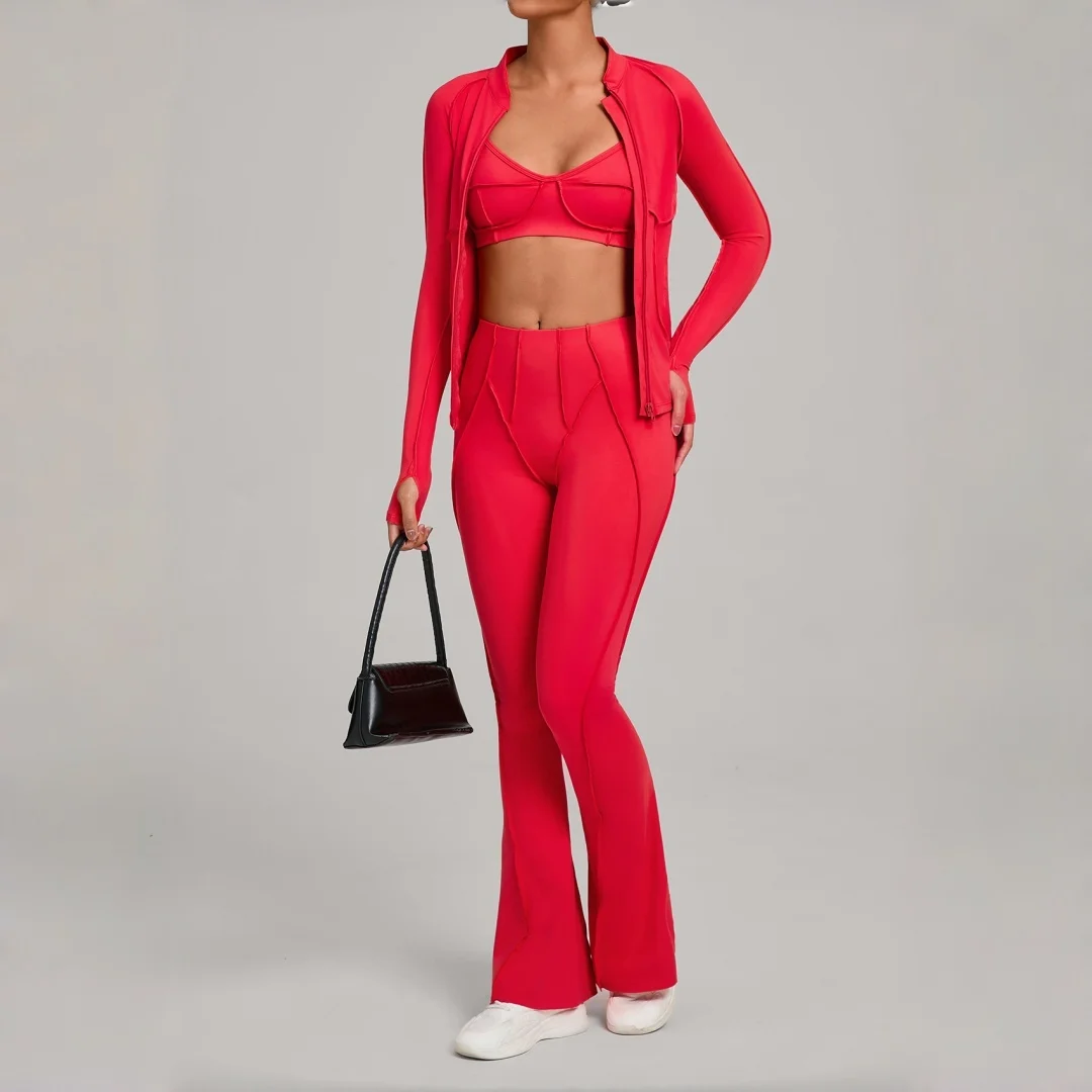 

Women's Brushed Yoga 3-pc Set Sports Fitness High Waist Tight Zipper Jacket Pants Suit Casual Running Workout Clothes Gym Outfit