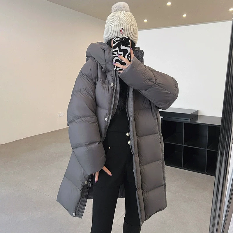Schinteon jaqueta longa feminina de pato branco com capuz outono inverno quente casual solto outwear 2025 nova moda casaco