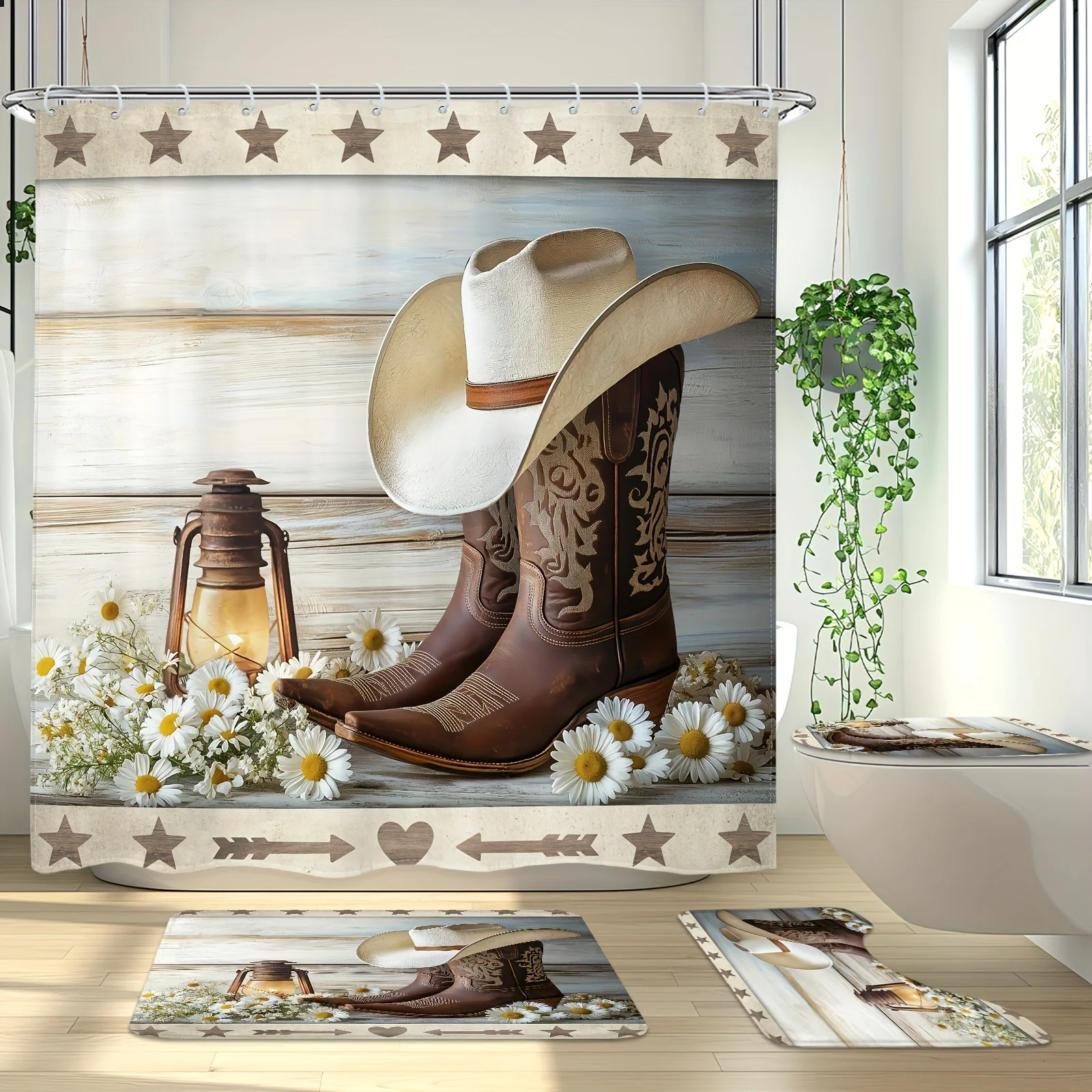 

«Ковбойский набор для ванной комнаты в деревенском стиле: занавеска для душа, коврик для ванной, U-образная накладка, чехол на сиденье унитаза — водонепроницаемый декор из полиэстера»