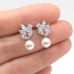 Huitan Fancy Bride Wedding Drop Earrings Brilliant Cubic Zirconia Imitation Pearl Earrings Daily Wear Elegant Women Accessories