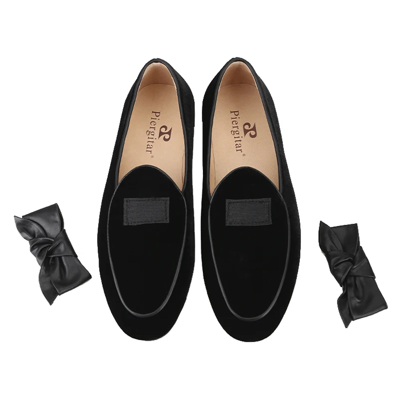 Piergitar Superior Quality Black Velvet Men's Moccasins Handmade Removable Leather Bow Loafers Formal Wedding Wear Perfect Match