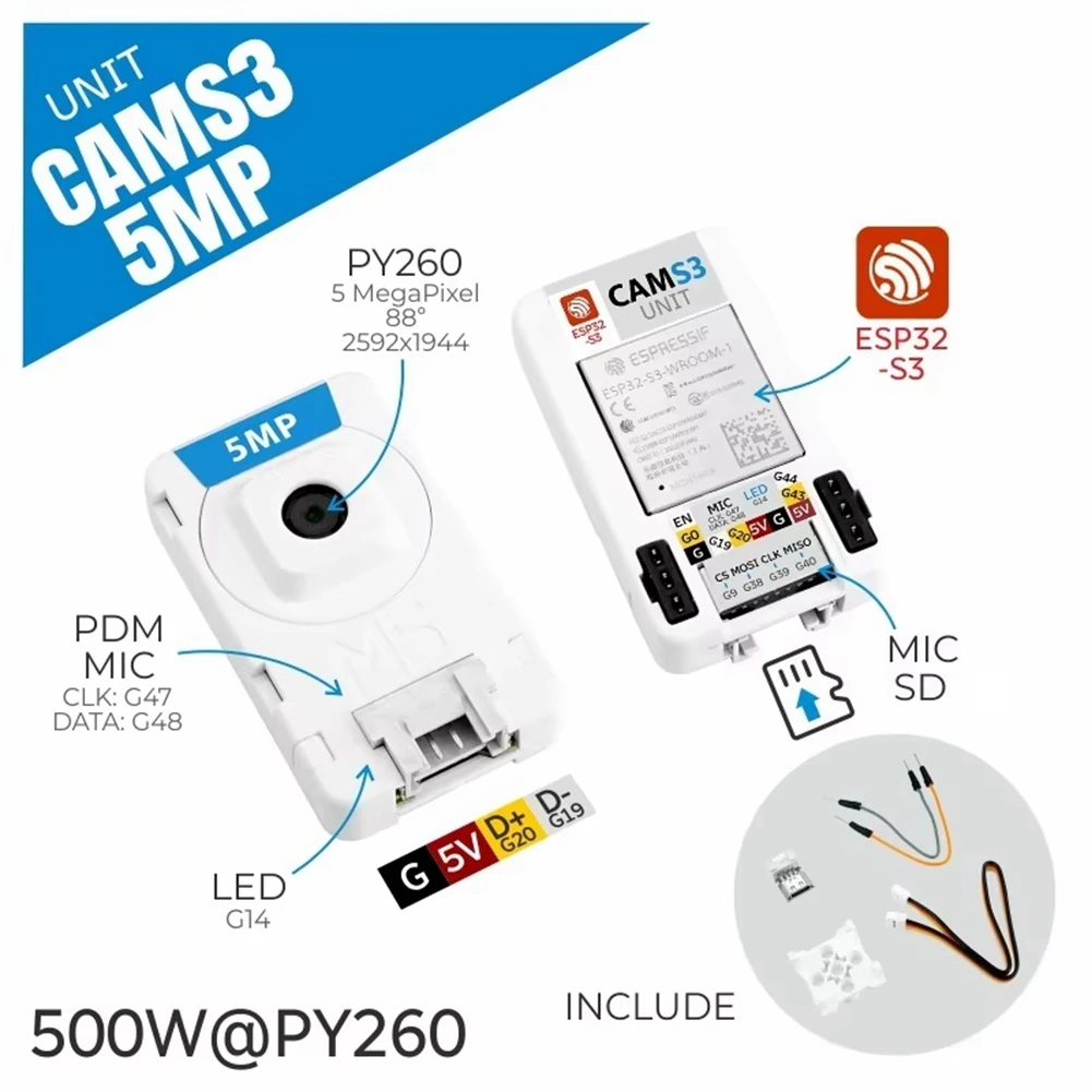 Camera Module CamS3 Wi-Fi Camera 5MP Unit ESP32S3 5-Megapixe Camera (PY260) 88° DFOV Built-in PDM Microphone