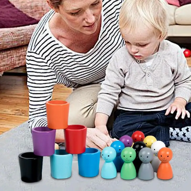 Juguete Montessori de bolas en tazas para niños y niñas, juguetes de Educación Temprana, clasificación de colores y conteo, muñecas de clavija de madera en tazas